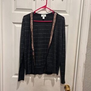Ann Taylor LOFT Women's Wool Gray Striped Sequin Open Front Cardigan Sweater L‎